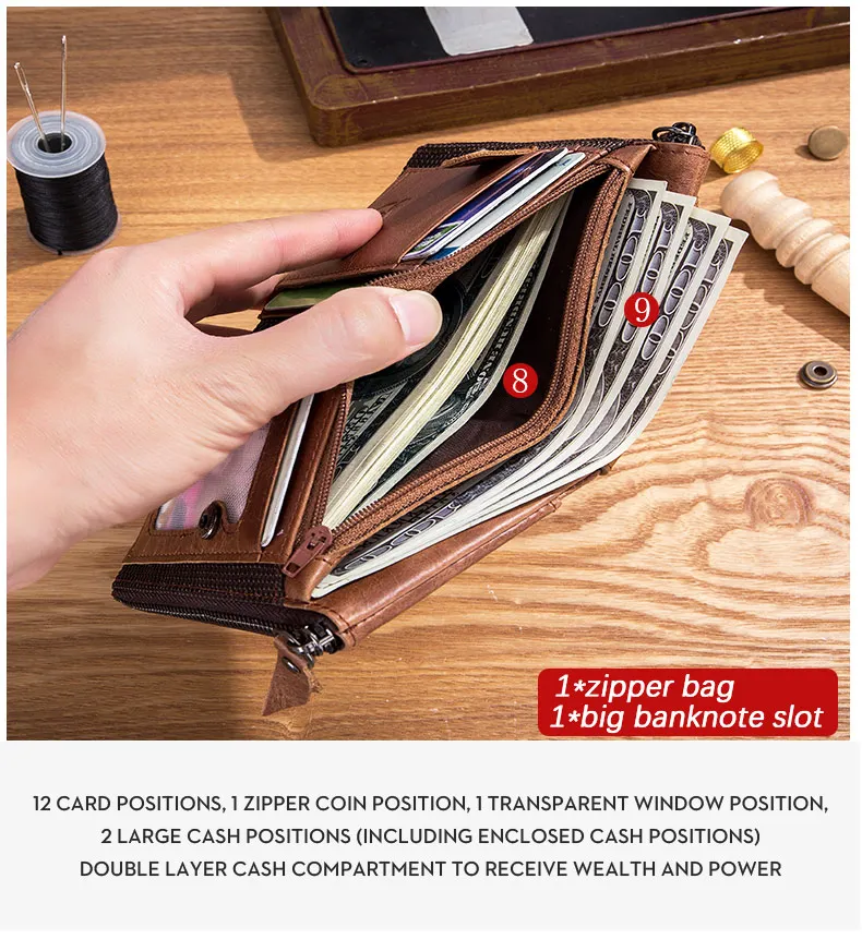 BULLCAPTAIN Retro Leather Men's Wallet Leather Zipper Buckle Short Money Wallet Card Holder Coin Purse RFID Wallet QB06