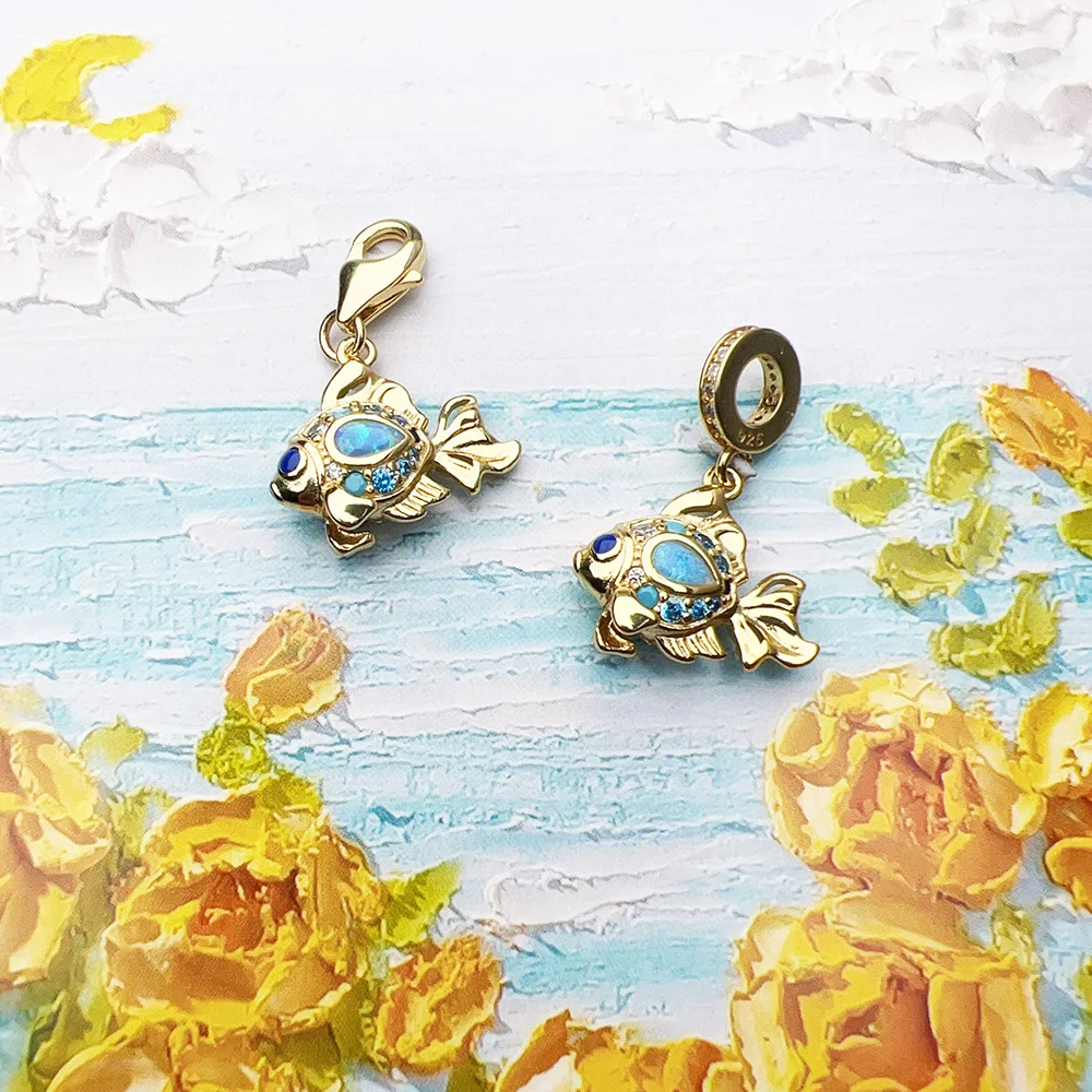 Colourful Fish Gold Plated Pendant Charms DIY Jewelry Summer Cute 100% 925 Sterling Silver Gift