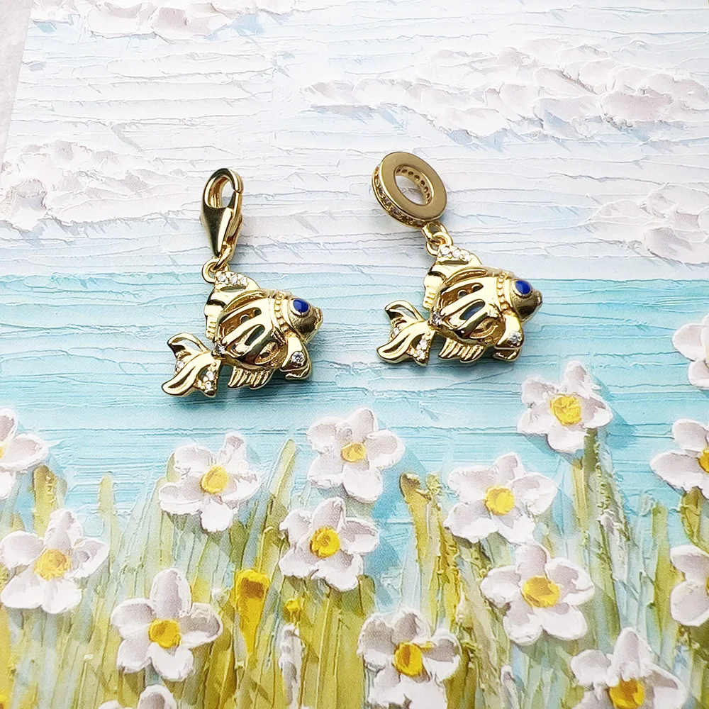 Colourful Fish Gold Plated Pendant Charms DIY Jewelry Summer Cute 100% 925 Sterling Silver Gift