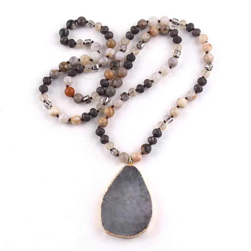 RH Fashion Bohemian Jewelry Accessory 8mm Stone/Glass Knotted Agt Stone Dorp Pendant Necklaces For Women