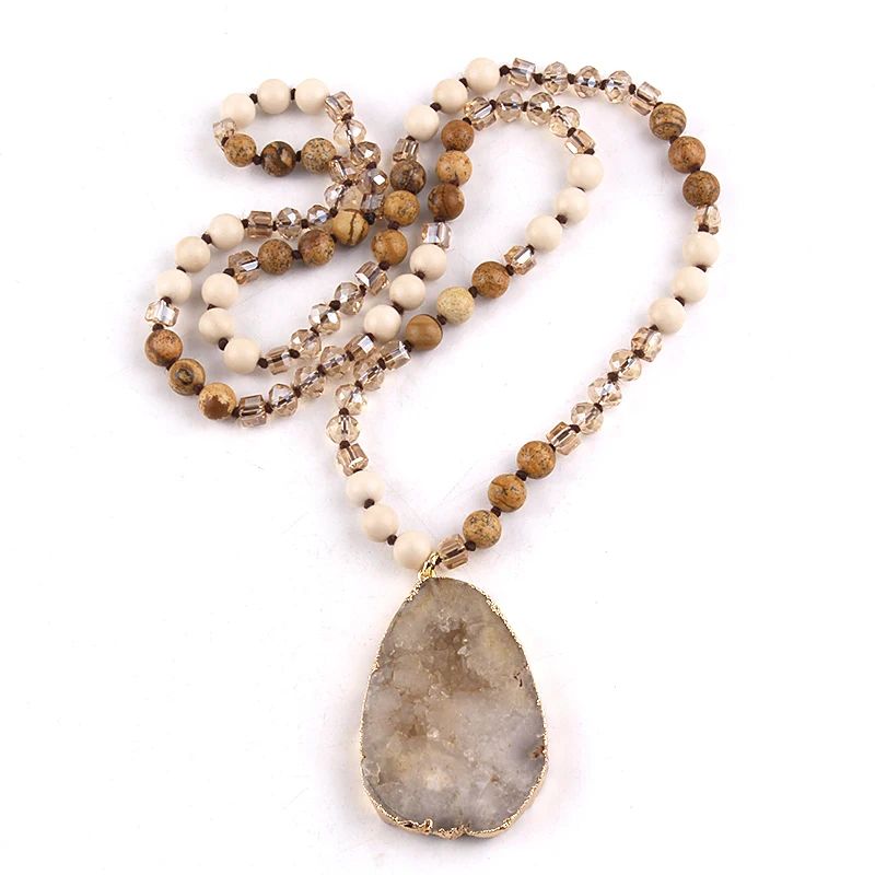 RH Fashion Bohemian Jewelry Accessory 8mm Stone/Glass Knotted Agt Stone Dorp Pendant Necklaces For Women