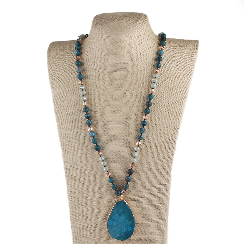 RH Fashion Bohemian Jewelry Accessory 8mm Stone/Glass Knotted Agt Stone Dorp Pendant Necklaces For Women