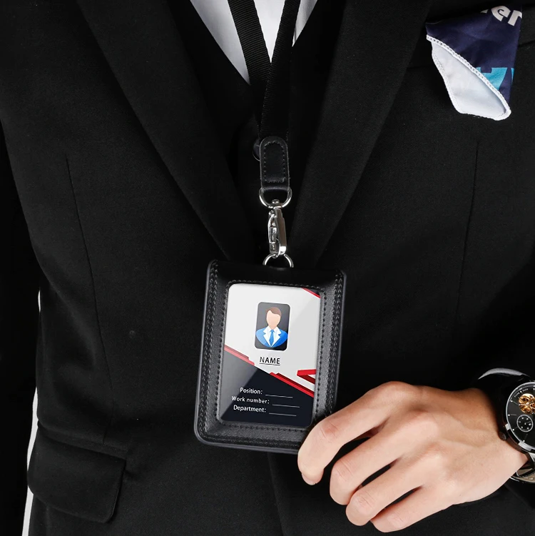 2026 NEW US Police Reporter Coach Referee Doctors Badge Holder Real Cowhide Formal Work ID Card Case with Lanyard Office Supplie