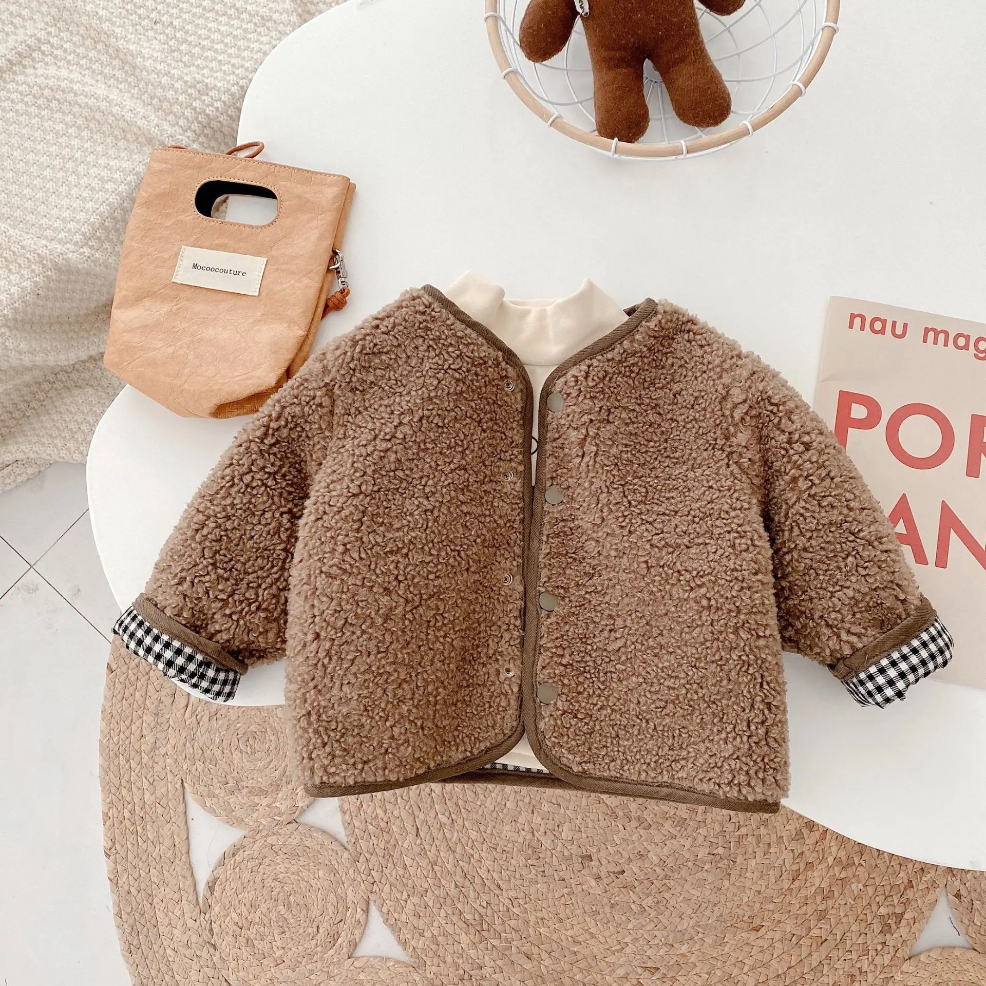 AYNIGIELL 2023 1-6 Years Old Autumn/Winter Children's Jacket Double-Sided Wear Plaid Plush Jacket Kids Jacket