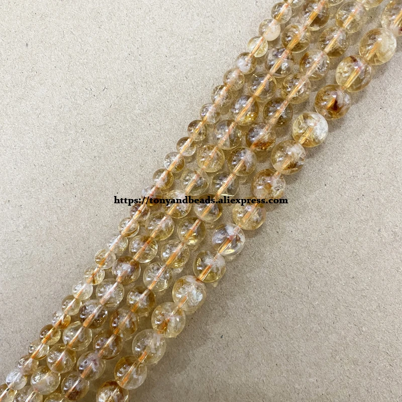Semi-precious Stones AAAA Quality White Cracks Yellow Citrine Crystal Stone Round Loose Beads 6 8 10 MM Pick Size For Jewelry