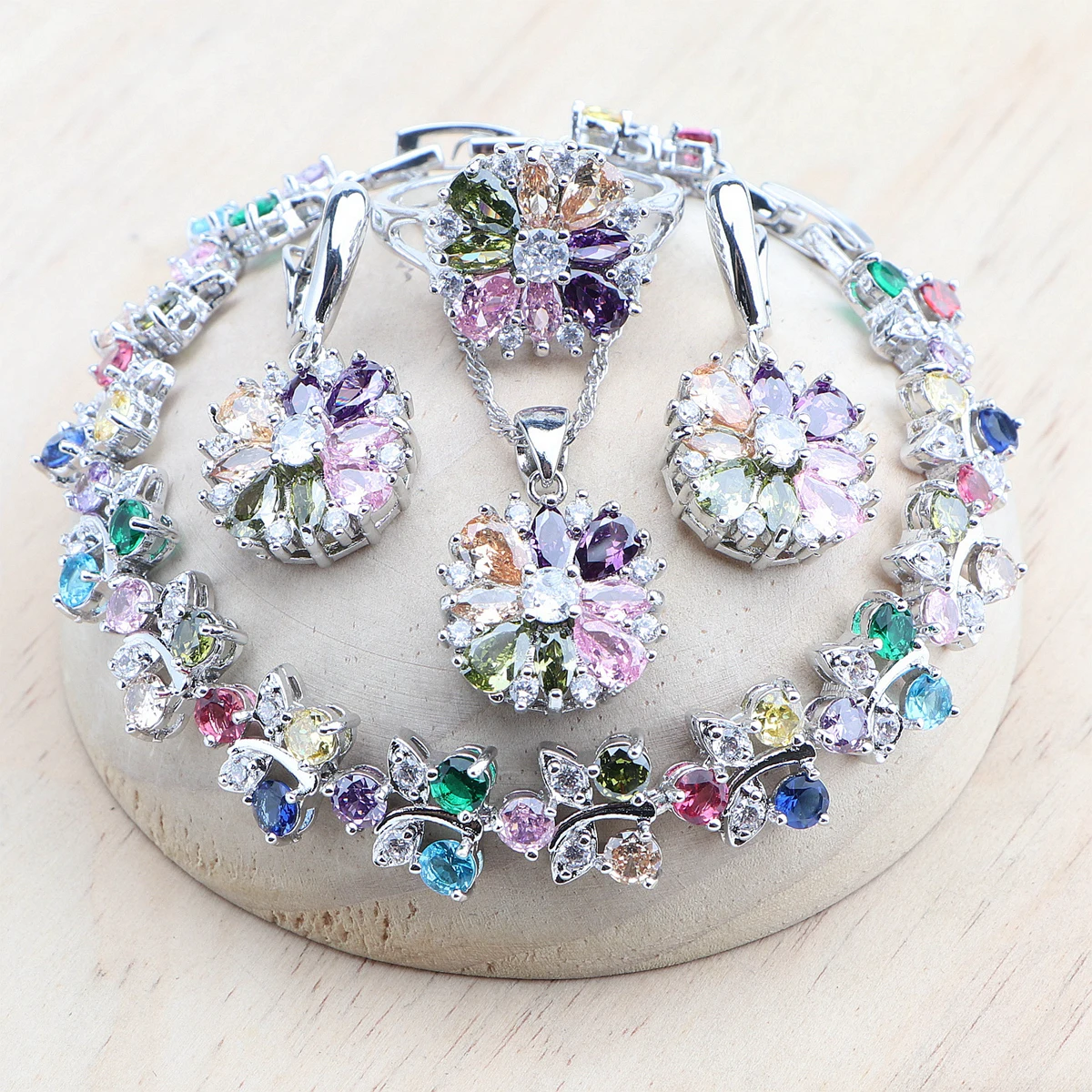 Bridal Jewelry Sets Silver 925 Flower Colorful Zircon Bracelets Earrings Rings Pendant Wedding Necklace Set Jewelry For Women