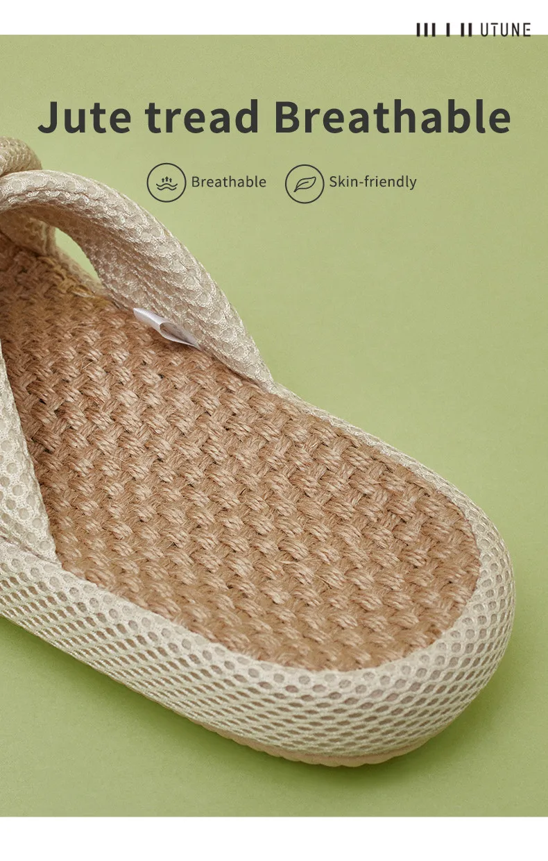 UTUNE Mute Linen Slippers For Women Japanese Indoor Summer Shoes Mesh Cloth EVA Sole Jute Home Slippers Men Non-slip Slippers