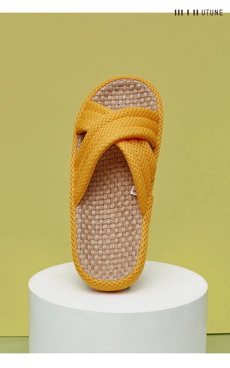 UTUNE Mute Linen Slippers For Women Japanese Indoor Summer Shoes Mesh Cloth EVA Sole Jute Home Slippers Men Non-slip Slippers