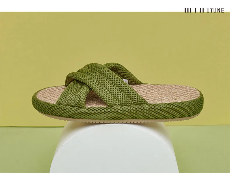 UTUNE Mute Linen Slippers For Women Japanese Indoor Summer Shoes Mesh Cloth EVA Sole Jute Home Slippers Men Non-slip Slippers