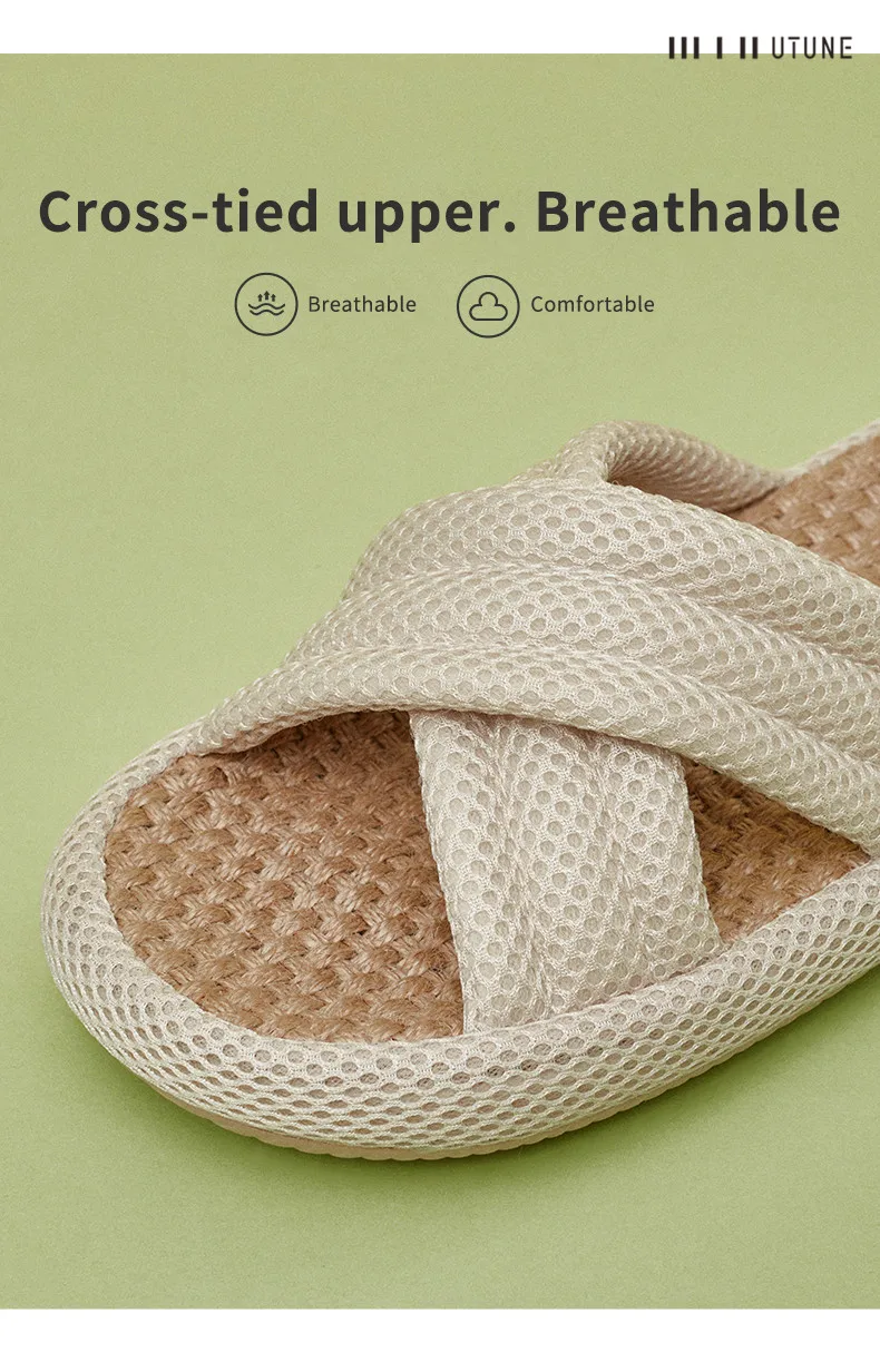 UTUNE Mute Linen Slippers For Women Japanese Indoor Summer Shoes Mesh Cloth EVA Sole Jute Home Slippers Men Non-slip Slippers
