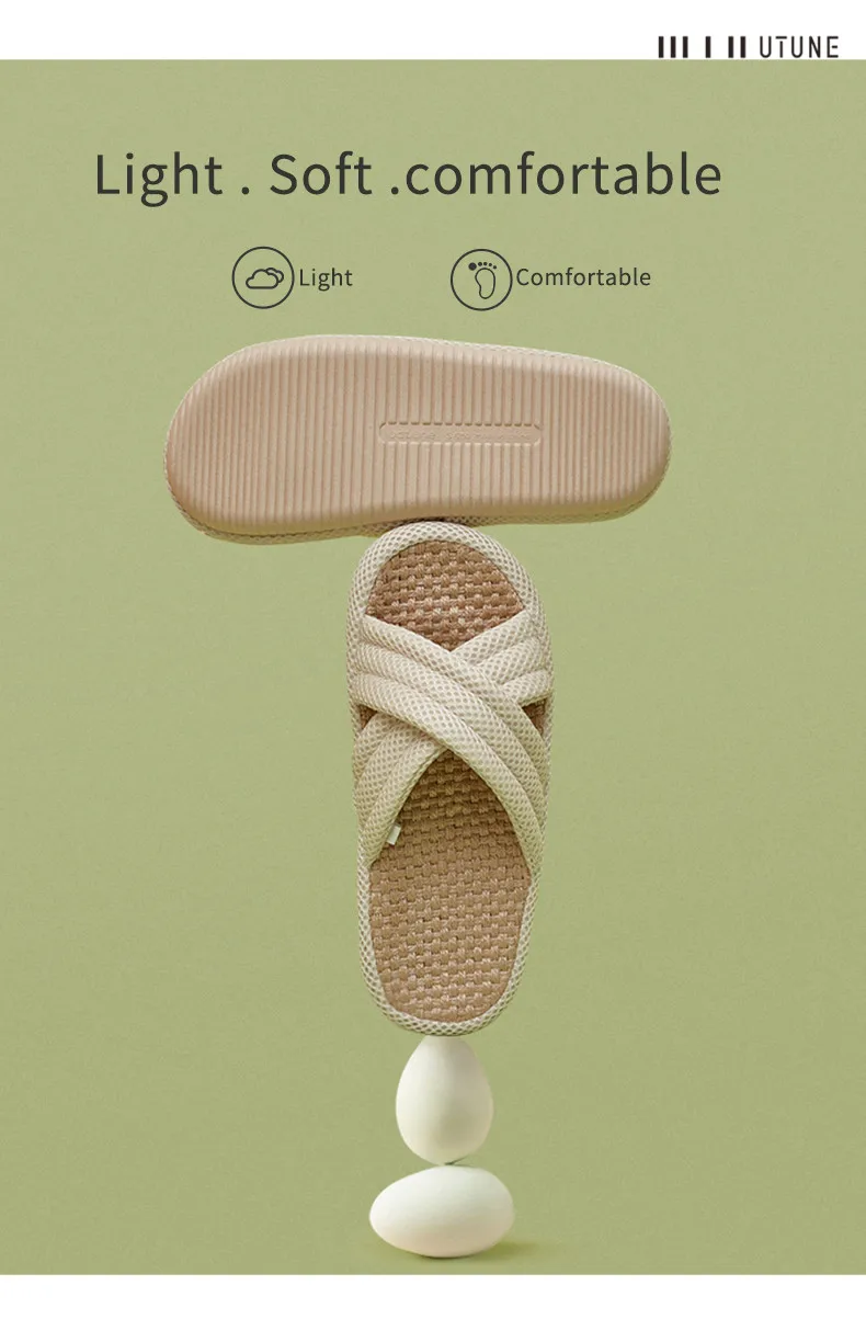 UTUNE Mute Linen Slippers For Women Japanese Indoor Summer Shoes Mesh Cloth EVA Sole Jute Home Slippers Men Non-slip Slippers