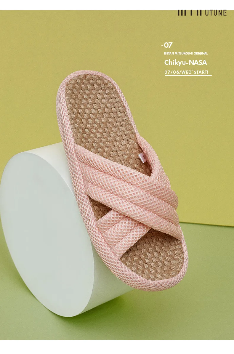 UTUNE Mute Linen Slippers For Women Japanese Indoor Summer Shoes Mesh Cloth EVA Sole Jute Home Slippers Men Non-slip Slippers