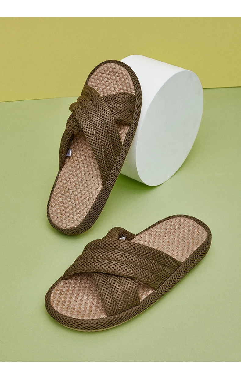 UTUNE Mute Linen Slippers For Women Japanese Indoor Summer Shoes Mesh Cloth EVA Sole Jute Home Slippers Men Non-slip Slippers