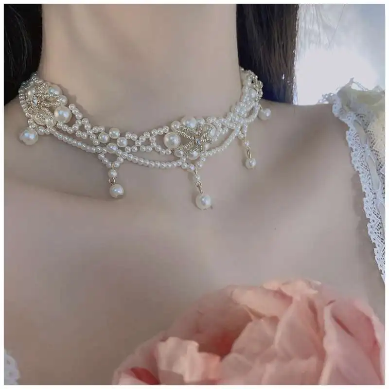 Luxury Vintage Pearl Choker Necklace For Women Princess Gorgeous Multilayers French Romantic Style Clavicle Chain Party Gift