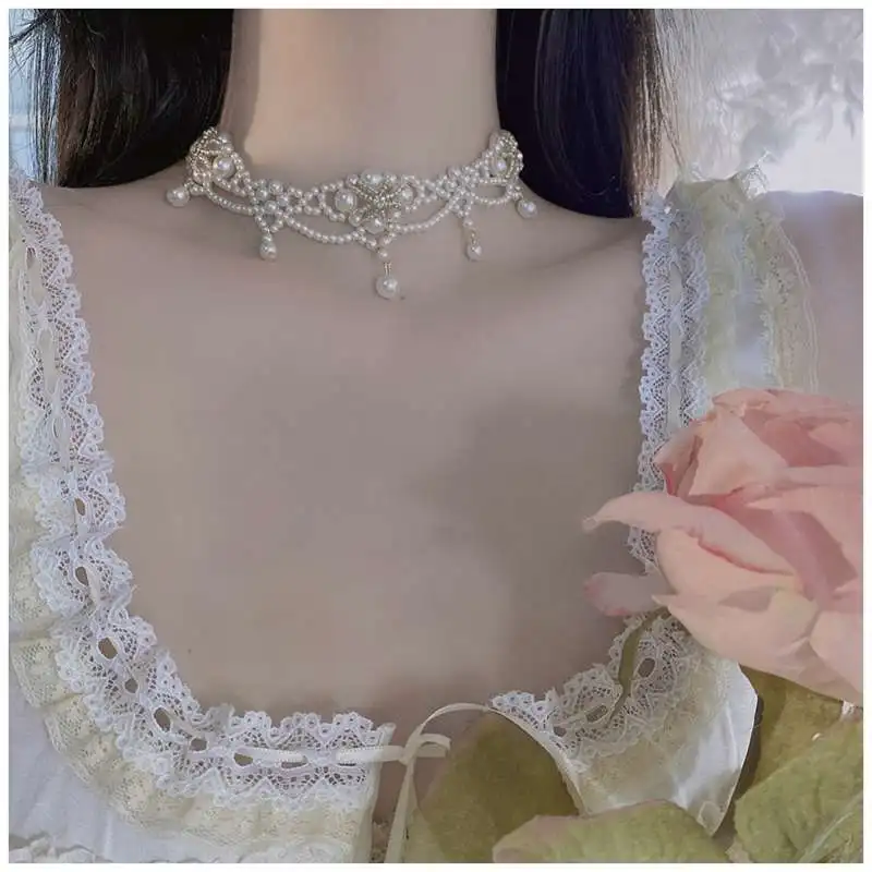 Luxury Vintage Pearl Choker Necklace For Women Princess Gorgeous Multilayers French Romantic Style Clavicle Chain Party Gift