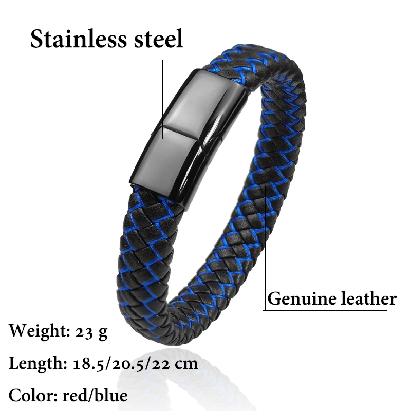 New Free Custom Name Blue/red leather Simple Charm Business Men Stainless Steel Leather Braided Bracelet Bagnet Lock Bangle