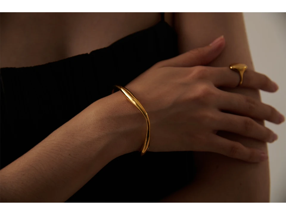 Yhpup Opening 316 Stainless Steel Wrist Bracelet Bangle Gold Color Minimalist Texture Statement Brand Jewelry for Women Party
