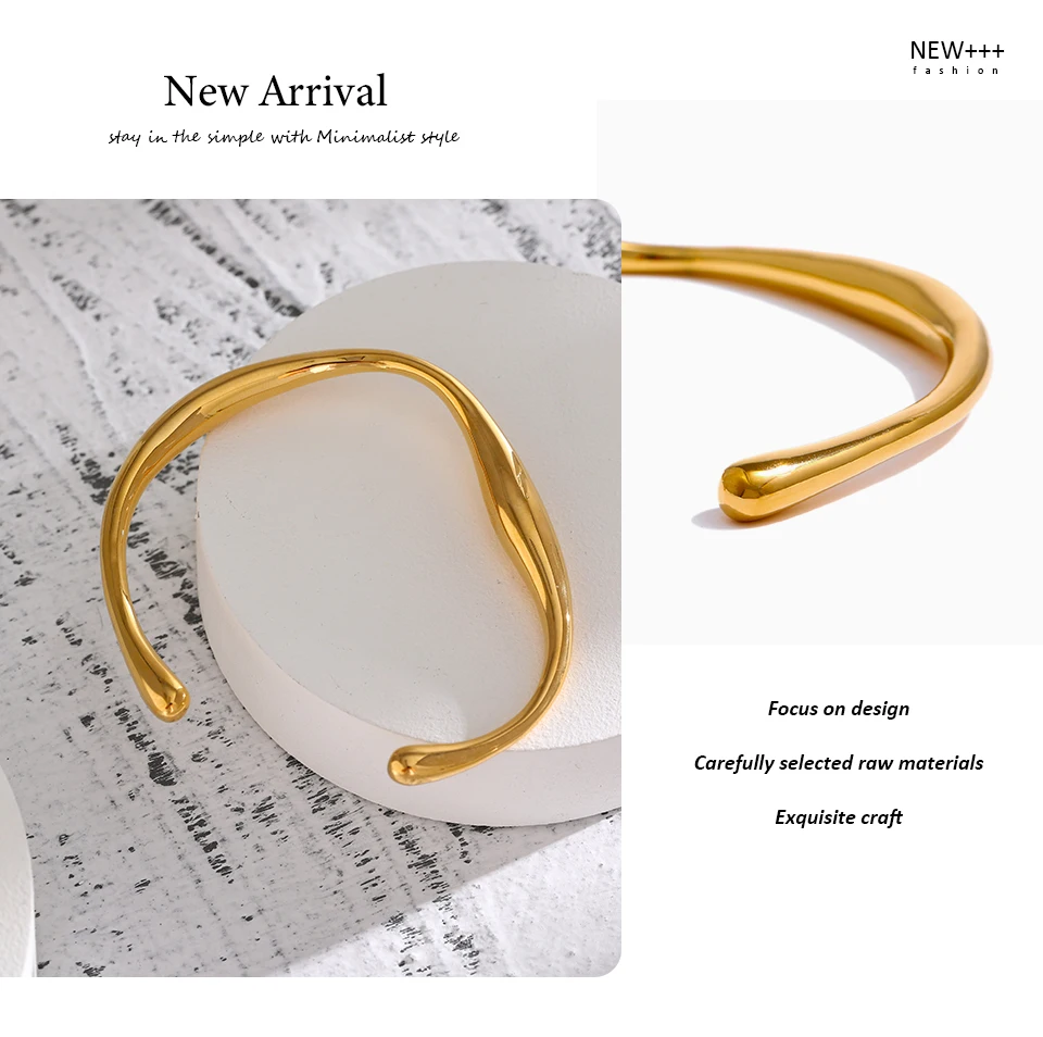 Yhpup Opening 316 Stainless Steel Wrist Bracelet Bangle Gold Color Minimalist Texture Statement Brand Jewelry for Women Party