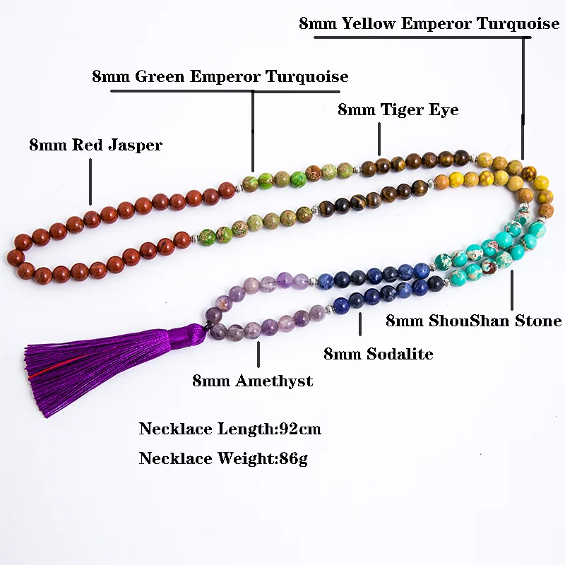 8mm Natural Stone 7 Chakra Necklace Meditation Yoga Peace Spirit Jewelry 108 Japamala Beaded Rosary Tassel Pendant