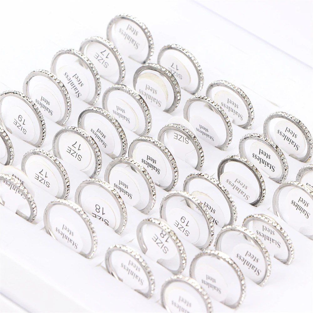 10/20Pcs/Lot New Fashion Row Rhineston Stainless Steel Ring For Women Simple Classic Mixed Style Jewelry Wedding Party Gifts