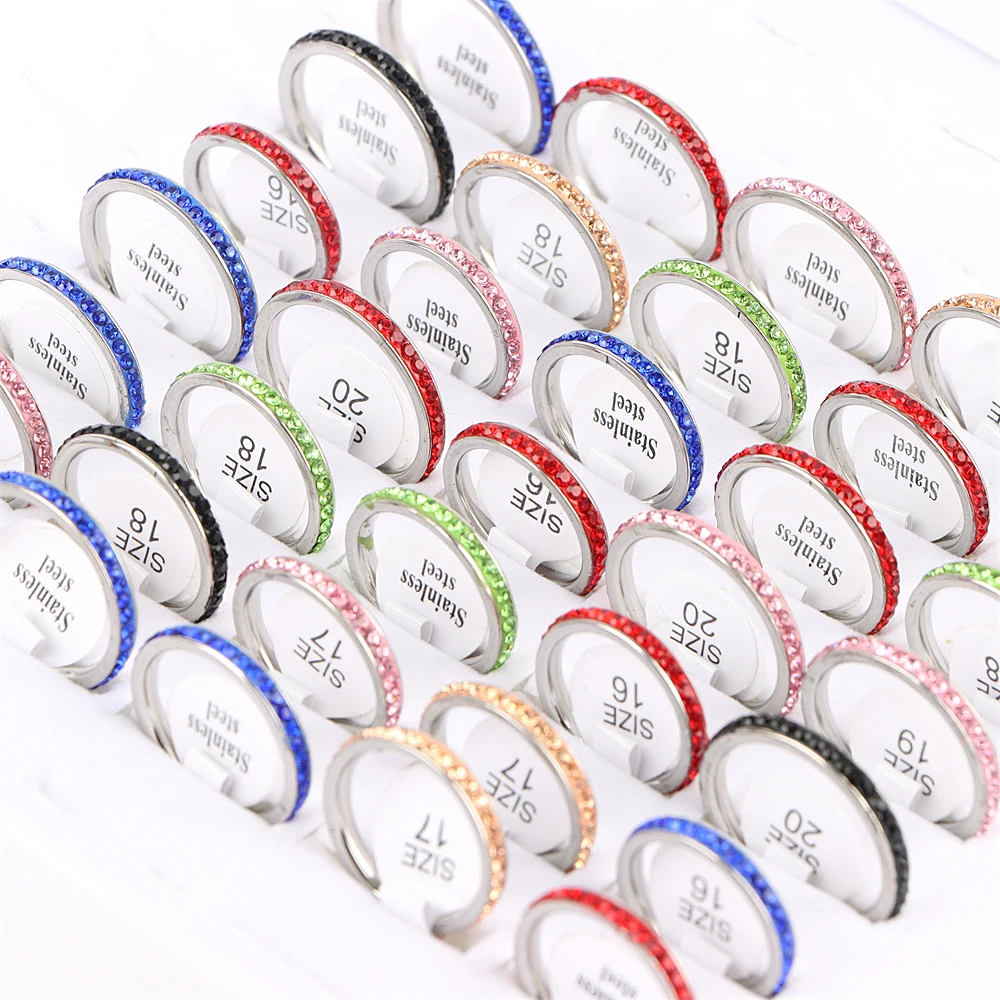 10/20Pcs/Lot New Fashion Row Rhineston Stainless Steel Ring For Women Simple Classic Mixed Style Jewelry Wedding Party Gifts