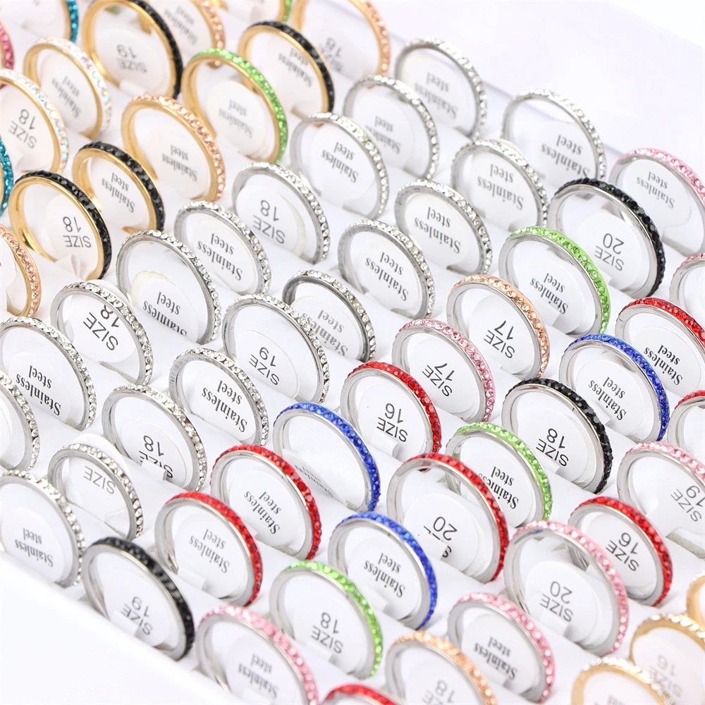 10/20Pcs/Lot New Fashion Row Rhineston Stainless Steel Ring For Women Simple Classic Mixed Style Jewelry Wedding Party Gifts