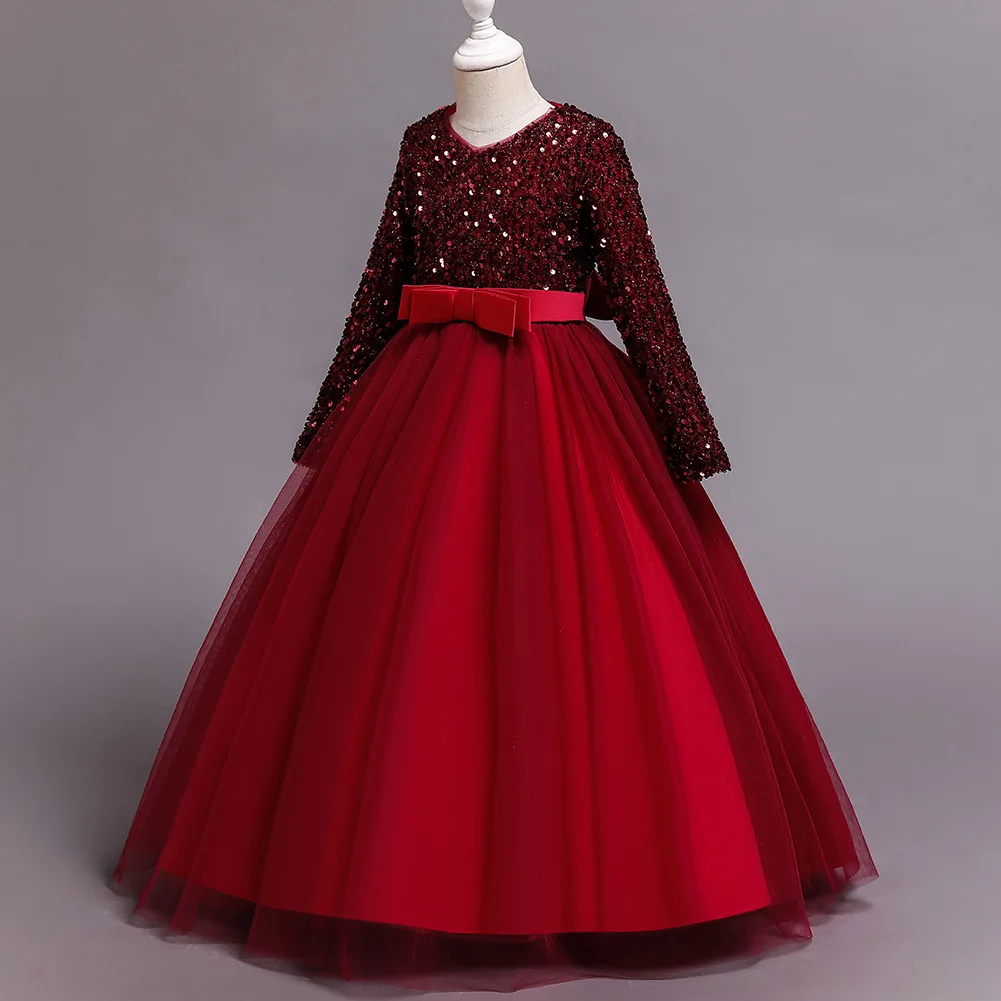 Princess Mesh Dress 4-14y Girl Christmas Winter Party Clothing Kids Sequin Wedding Dresses Children Spring Autumn Prom Costume