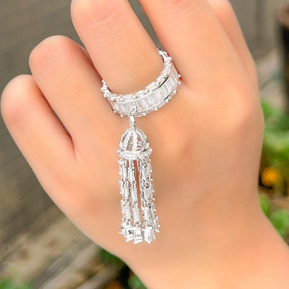 ThreeGraces New Fashion Cubic Zirconia Long Tassel Charms Elegant Engagement Rings for Women Bridal Wedding Prom Jewelry R225