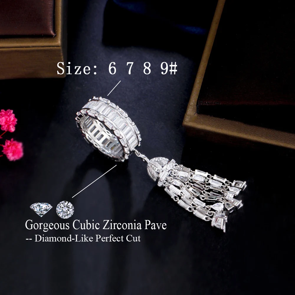 ThreeGraces New Fashion Cubic Zirconia Long Tassel Charms Elegant Engagement Rings for Women Bridal Wedding Prom Jewelry R225