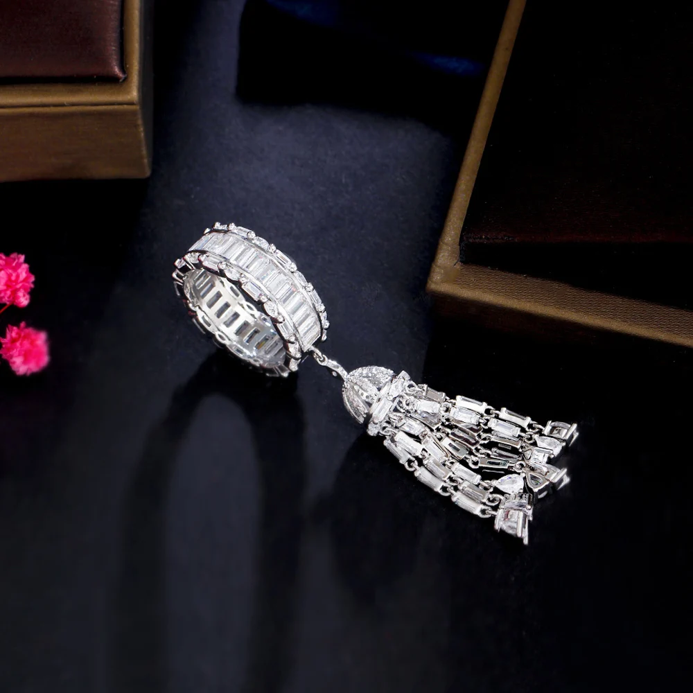 ThreeGraces New Fashion Cubic Zirconia Long Tassel Charms Elegant Engagement Rings for Women Bridal Wedding Prom Jewelry R225