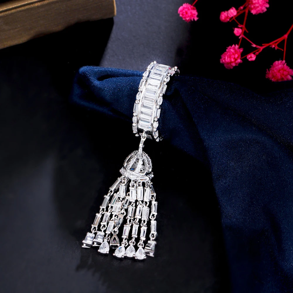 ThreeGraces New Fashion Cubic Zirconia Long Tassel Charms Elegant Engagement Rings for Women Bridal Wedding Prom Jewelry R225