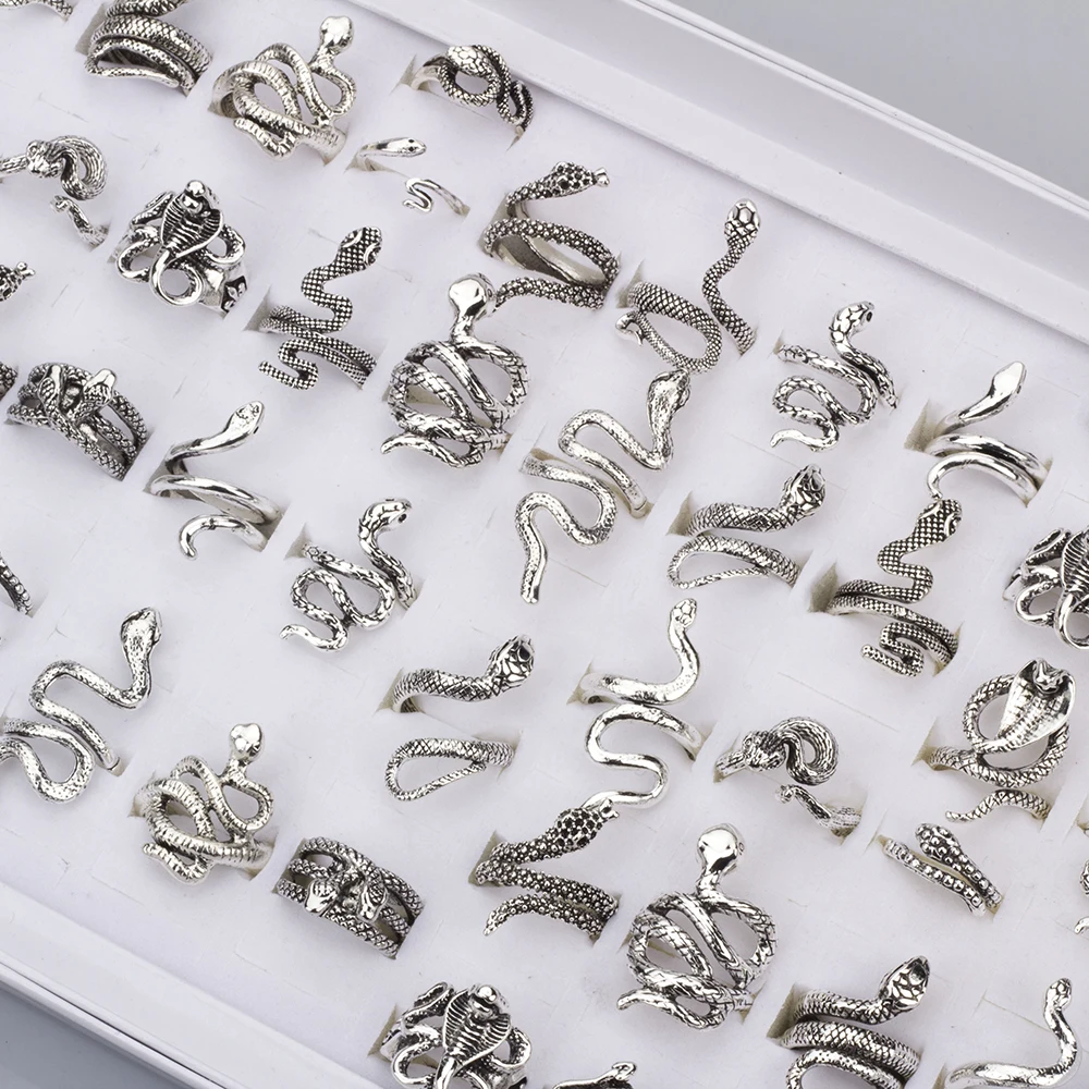 20Pcs/Lot Vintage Snake Animal Rings for Men and Women Adjustable Open Gothic Accessories Wholesale Punk Slivery Fashion Jewelry