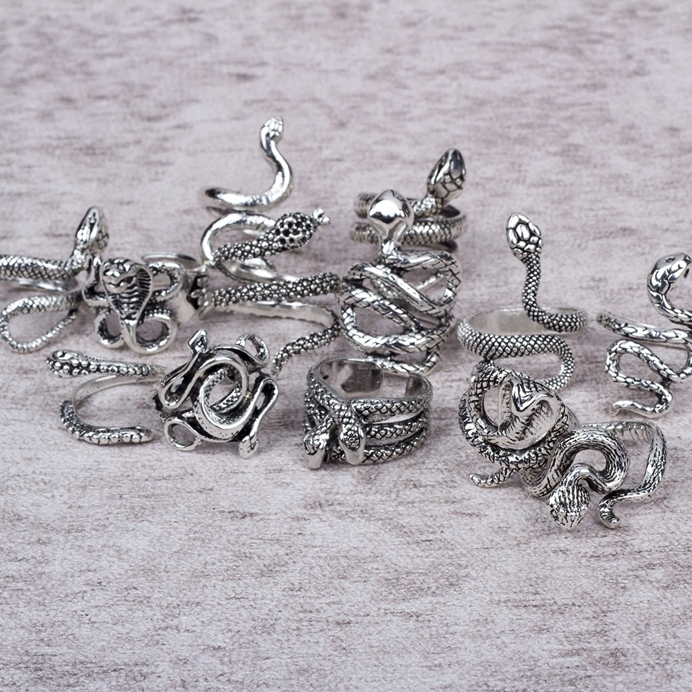 20Pcs/Lot Vintage Snake Animal Rings for Men and Women Adjustable Open Gothic Accessories Wholesale Punk Slivery Fashion Jewelry