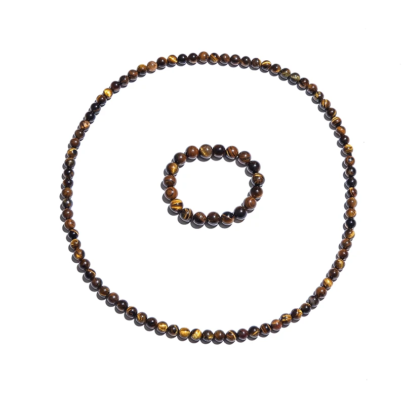 8mm Yellow Tiger Eye Choker Necklace for Men and Women Beaded Long Necklace Jewelry Bracelet Set