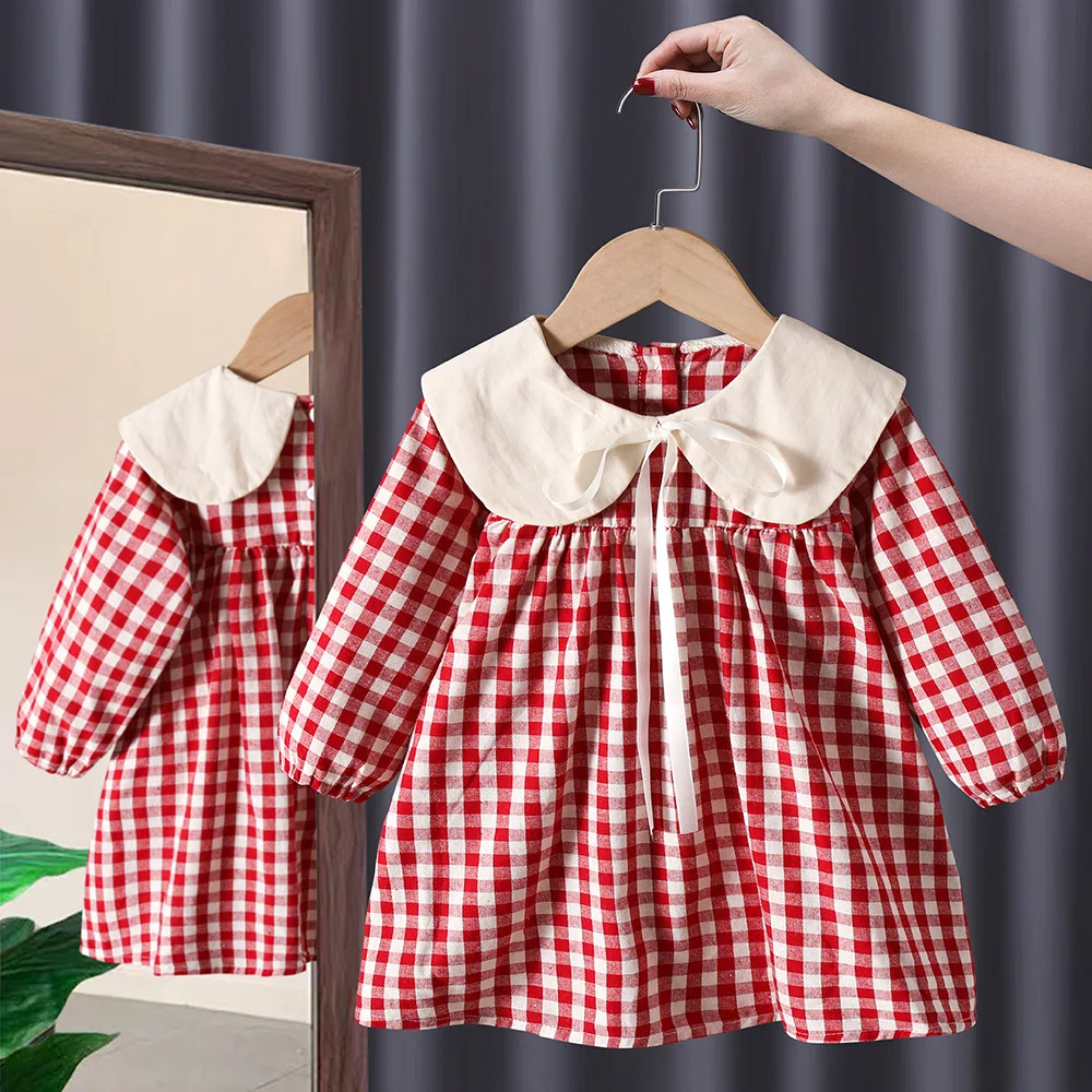 Girl's Sweet Princess Dress Children Spring Autumn Baby Infants Bow Plaided Patchwork Party Dresses Vestidos Kids