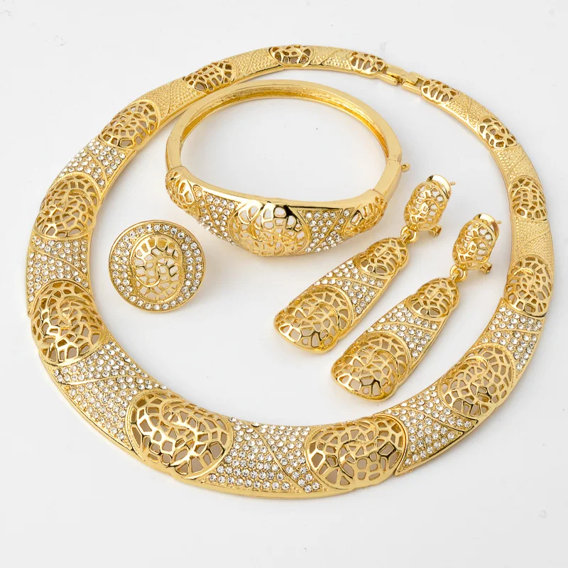 Sunny Jewelry Fashion Bridal Wedding Set Zircon Classic 24K Gold Plated Earrings Necklace Bracelet Ring 4pcs Set For Women Gifts