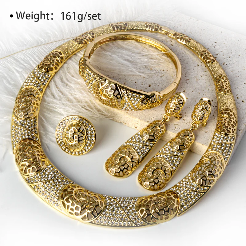 Sunny Jewelry Fashion Bridal Wedding Set Zircon Classic 24K Gold Plated Earrings Necklace Bracelet Ring 4pcs Set For Women Gifts