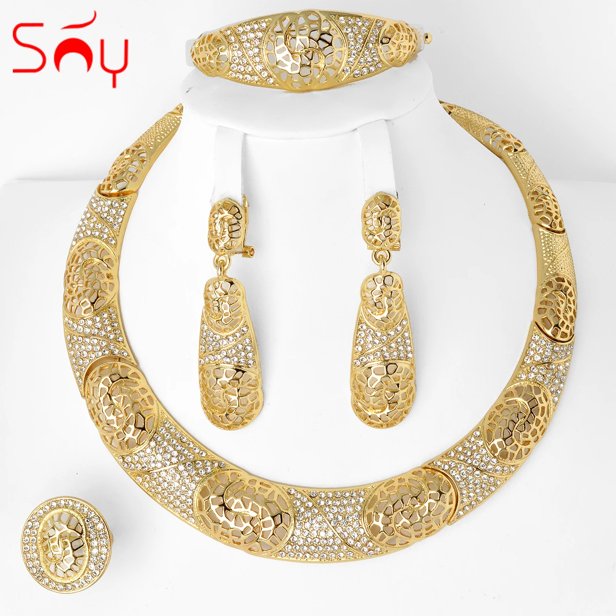 Sunny Jewelry Fashion Bridal Wedding Set Zircon Classic 24K Gold Plated Earrings Necklace Bracelet Ring 4pcs Set For Women Gifts