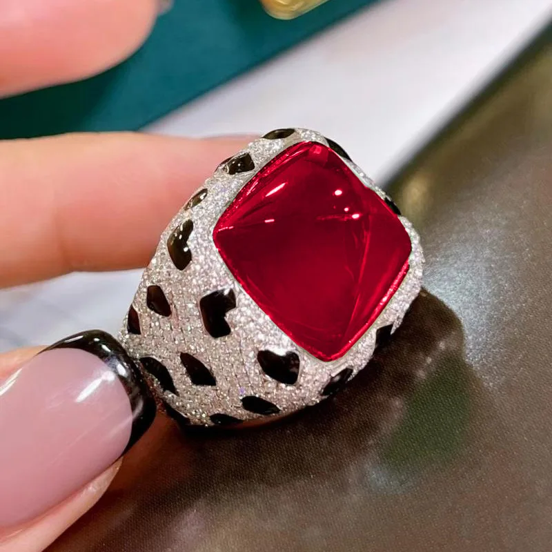 Foydjew Luxury Designer Jewelry Leopard Texture Design Large 17 Carat Sugar Tower Multicolor Crystal Ruby Rings For Women