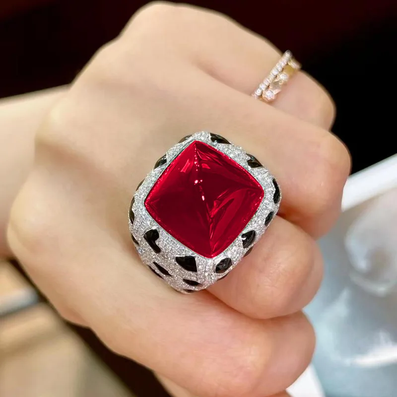 Foydjew Luxury Designer Jewelry Leopard Texture Design Large 17 Carat Sugar Tower Multicolor Crystal Ruby Rings For Women