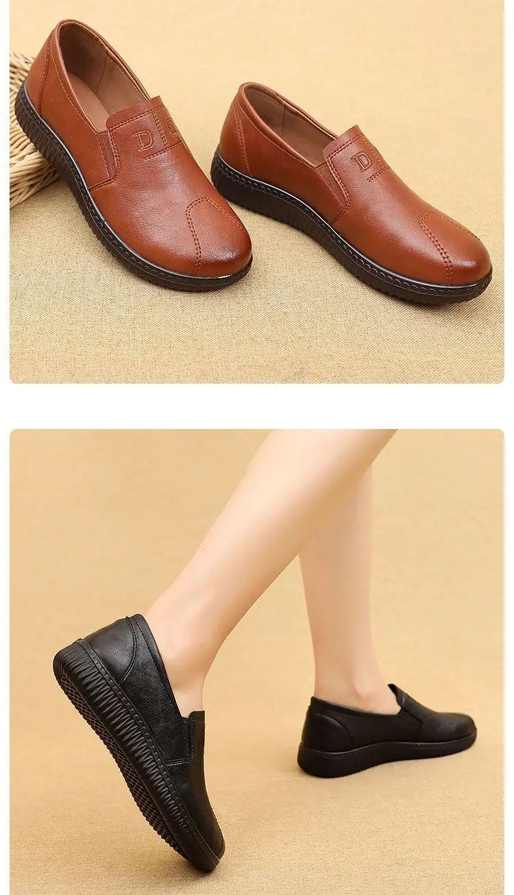 Retro Brown Moccasins Ladies Casual Wedge Leather Sneakers Women Oxford Ballet Flats Mom Comfortable Loafers Plus Size