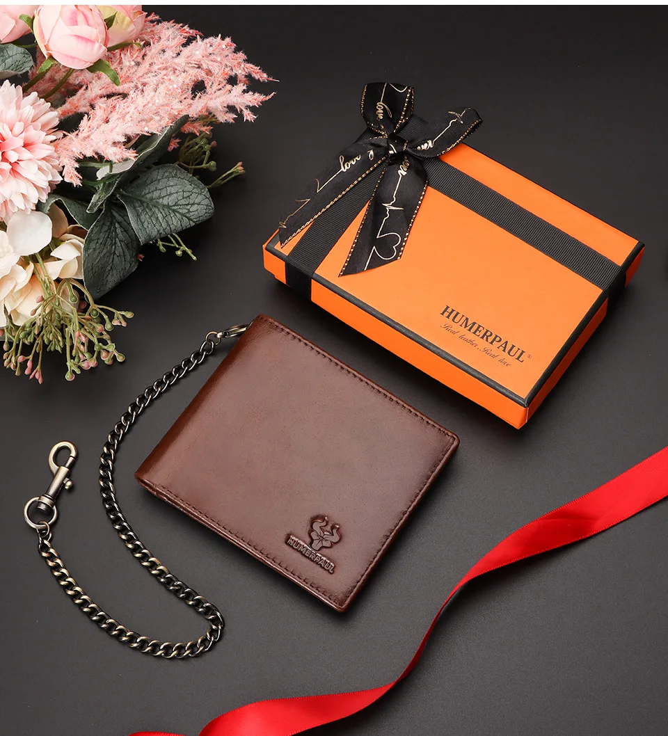 HUMERPAUL Genuine Leather Men Wallet Business Short Purse RFID Protect Credit Card Holder Clutch for Women with Anti-theft Chain