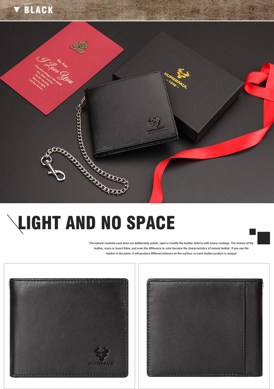 HUMERPAUL Genuine Leather Men Wallet Business Short Purse RFID Protect Credit Card Holder Clutch for Women with Anti-theft Chain
