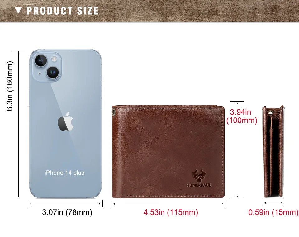 HUMERPAUL Genuine Leather Men Wallet Business Short Purse RFID Protect Credit Card Holder Clutch for Women with Anti-theft Chain