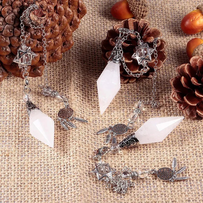 Natural Stone Crystal Pendulum for Reiki Divination 12 Facet Hexaonal Points with Dream Catcher Chain Spiritual Pendulos X072