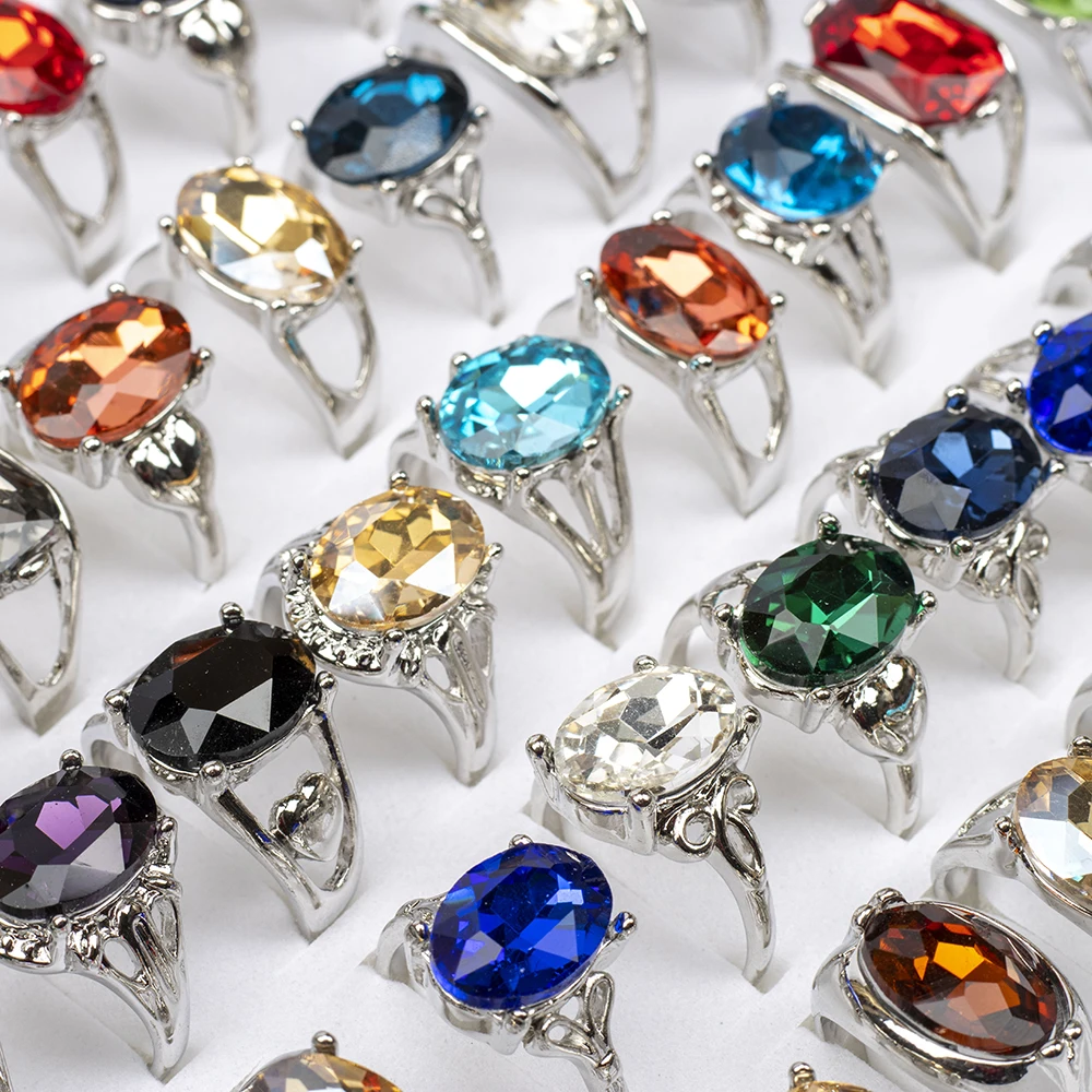 20 Pcs/Lot Fashion Punk Retro Glass Stone Ring For Women Men Geometry Carved Imitation Gemstone Mixed Style Jewelry Party Gifts