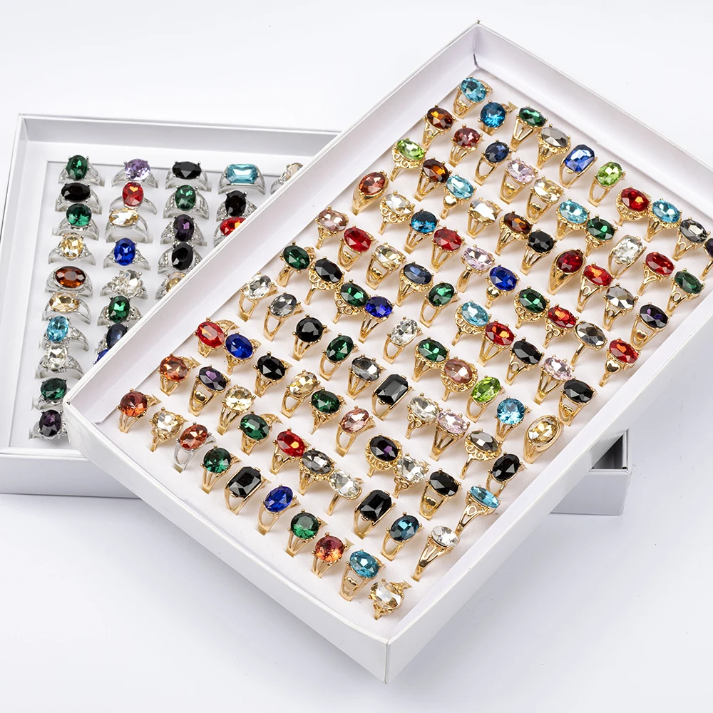 20 Pcs/Lot Fashion Punk Retro Glass Stone Ring For Women Men Geometry Carved Imitation Gemstone Mixed Style Jewelry Party Gifts