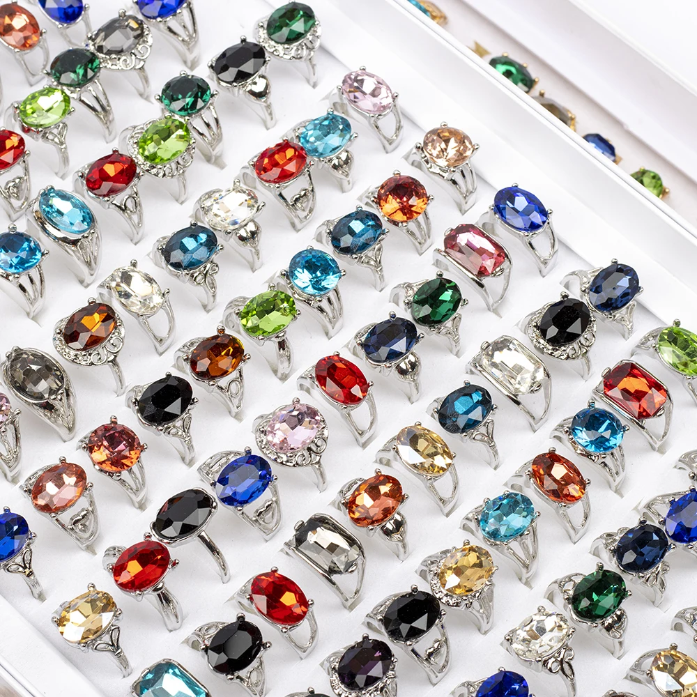20 Pcs/Lot Fashion Punk Retro Glass Stone Ring For Women Men Geometry Carved Imitation Gemstone Mixed Style Jewelry Party Gifts