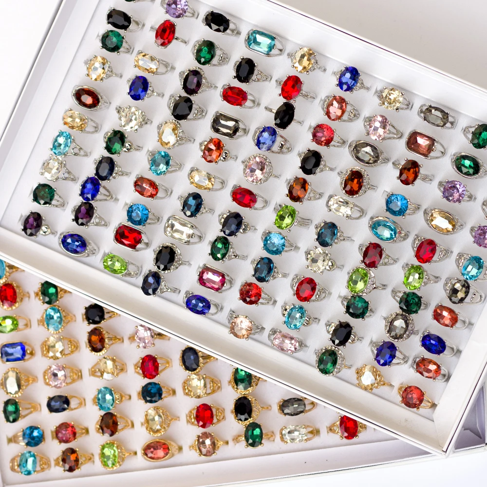 20 Pcs/Lot Fashion Punk Retro Glass Stone Ring For Women Men Geometry Carved Imitation Gemstone Mixed Style Jewelry Party Gifts