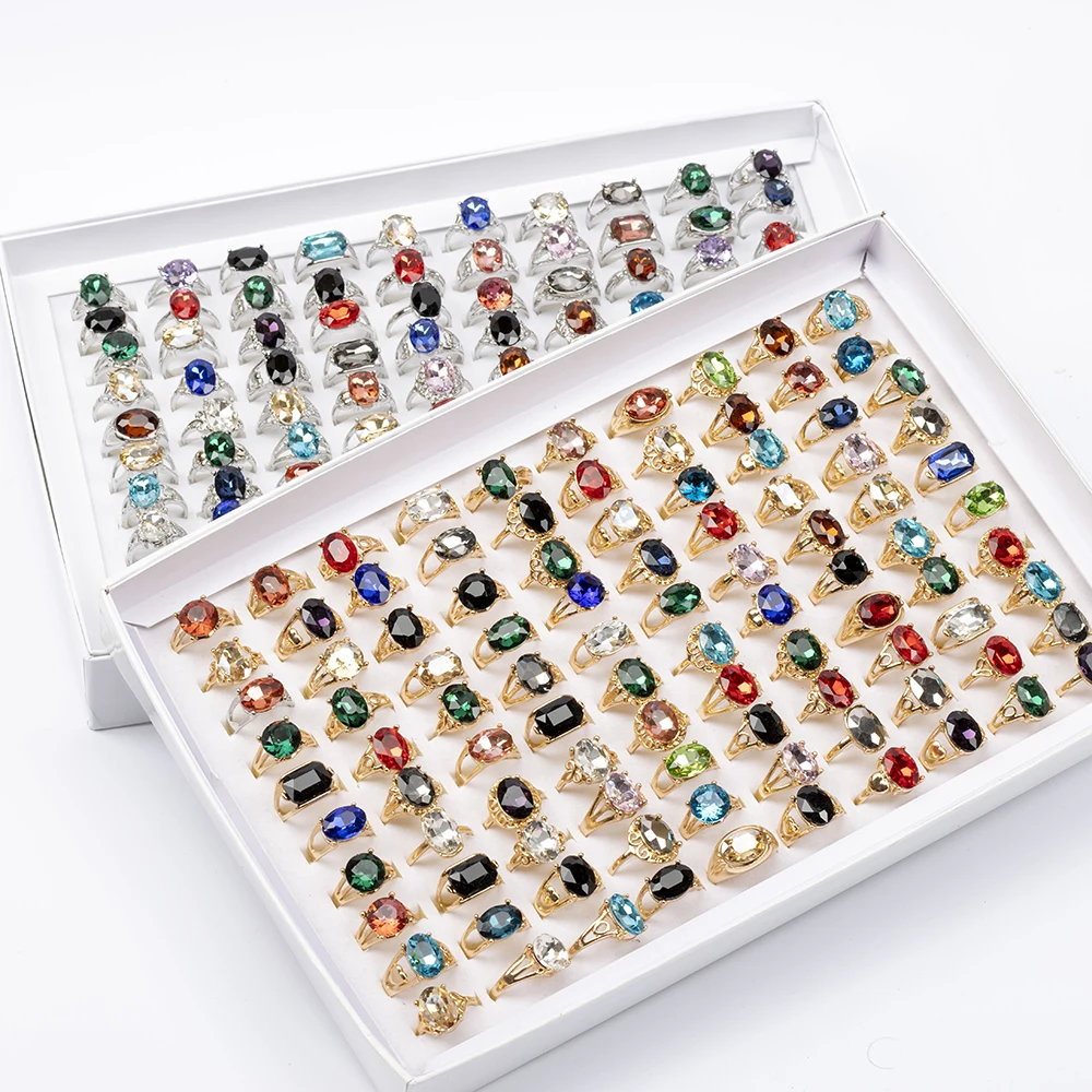 20 Pcs/Lot Fashion Punk Retro Glass Stone Ring For Women Men Geometry Carved Imitation Gemstone Mixed Style Jewelry Party Gifts